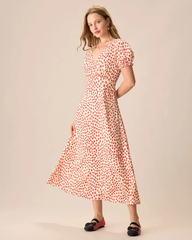 The Red V-Neck Floral Puff Sleeve Maxi Dress sold by rihoas