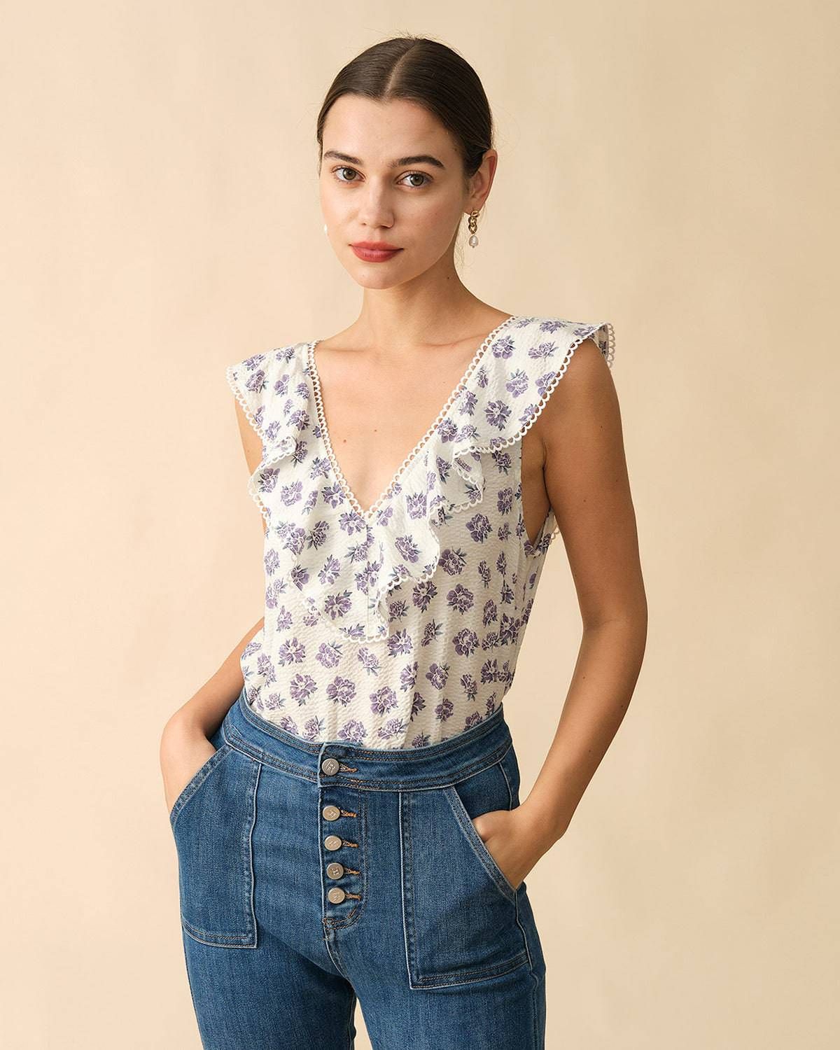 The Ruffle Trim Floral Sleeveless Tank Top sold by rihoas