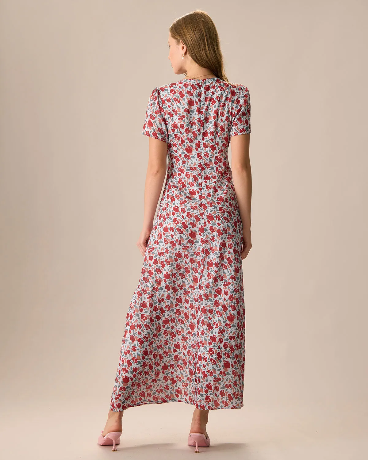 Women's Red V-Neck Ruched Floral Maxi Dress sold by rihoas product image thumbnail 5