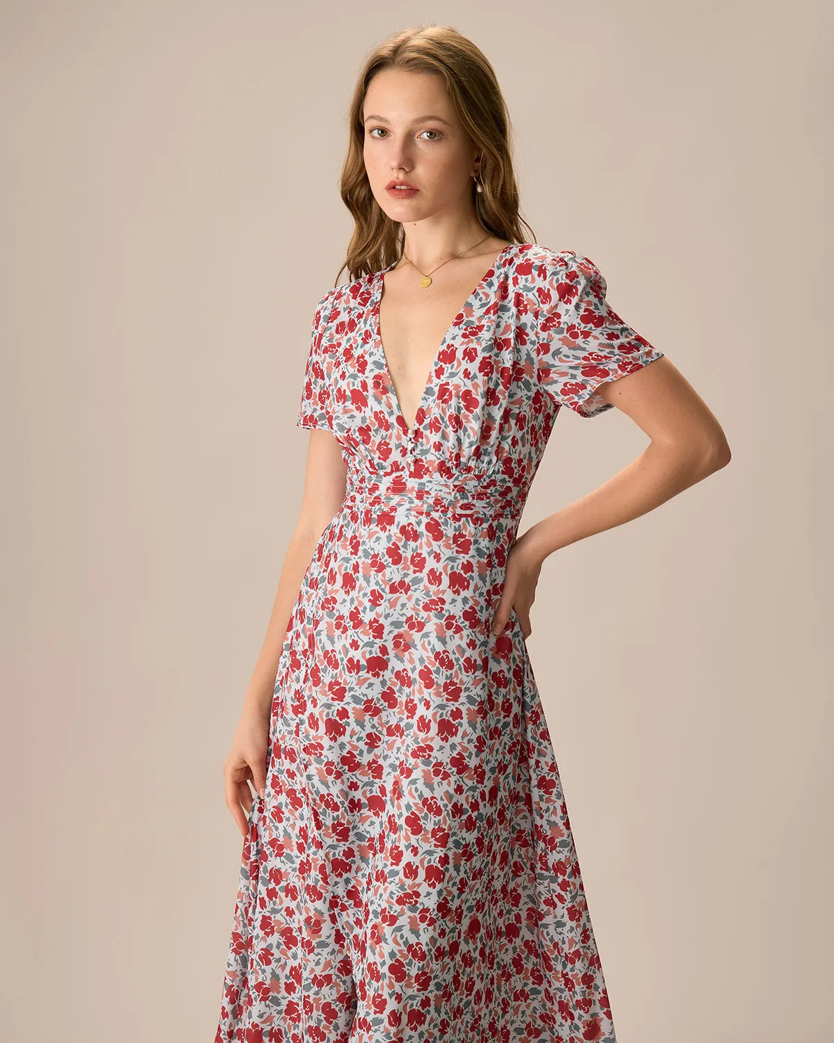 Women's Red V-Neck Ruched Floral Maxi Dress sold by rihoas product image thumbnail 4
