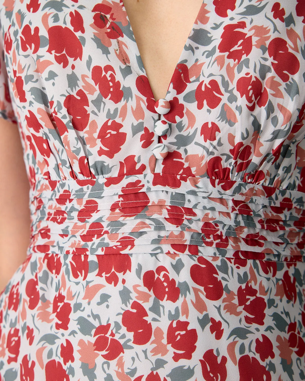 Women's Red V-Neck Ruched Floral Maxi Dress sold by rihoas product image thumbnail 2