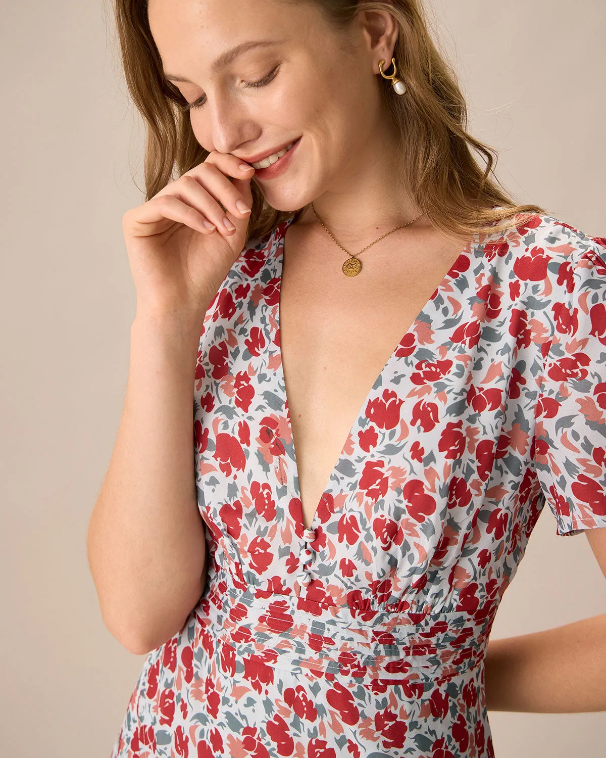 Women's Red V-Neck Ruched Floral Maxi Dress sold by rihoas product image thumbnail 3