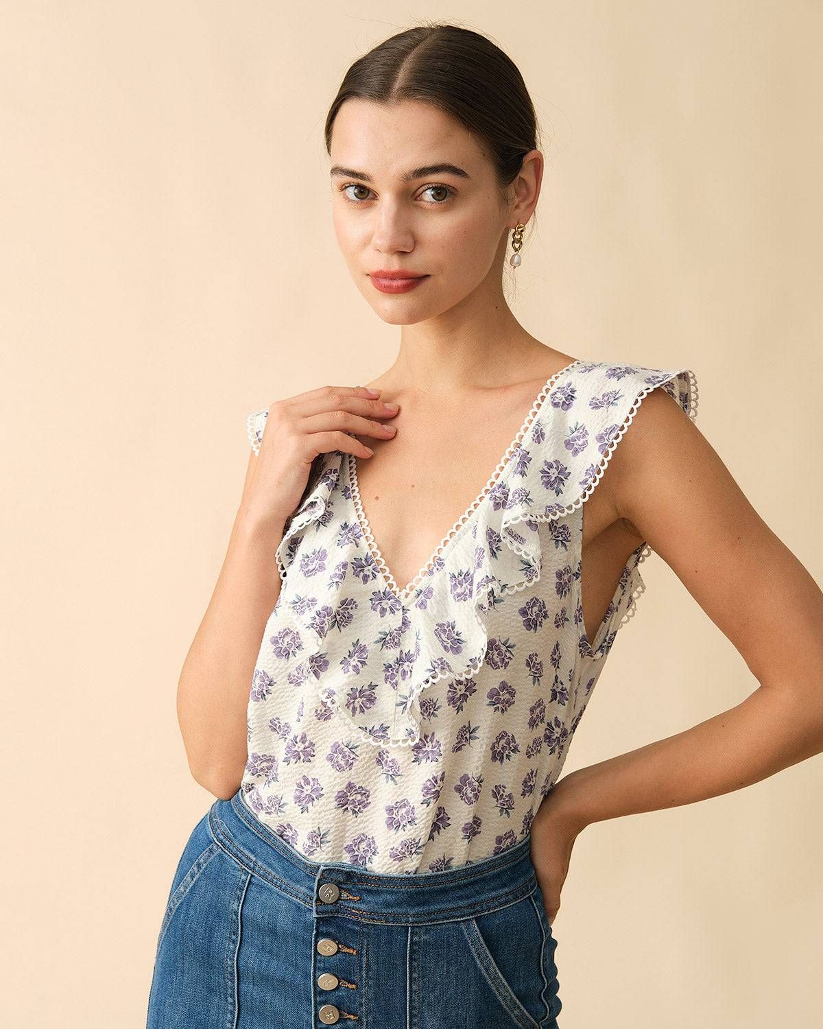 The Ruffle Trim Floral Sleeveless Tank Top sold by rihoas product image thumbnail 3