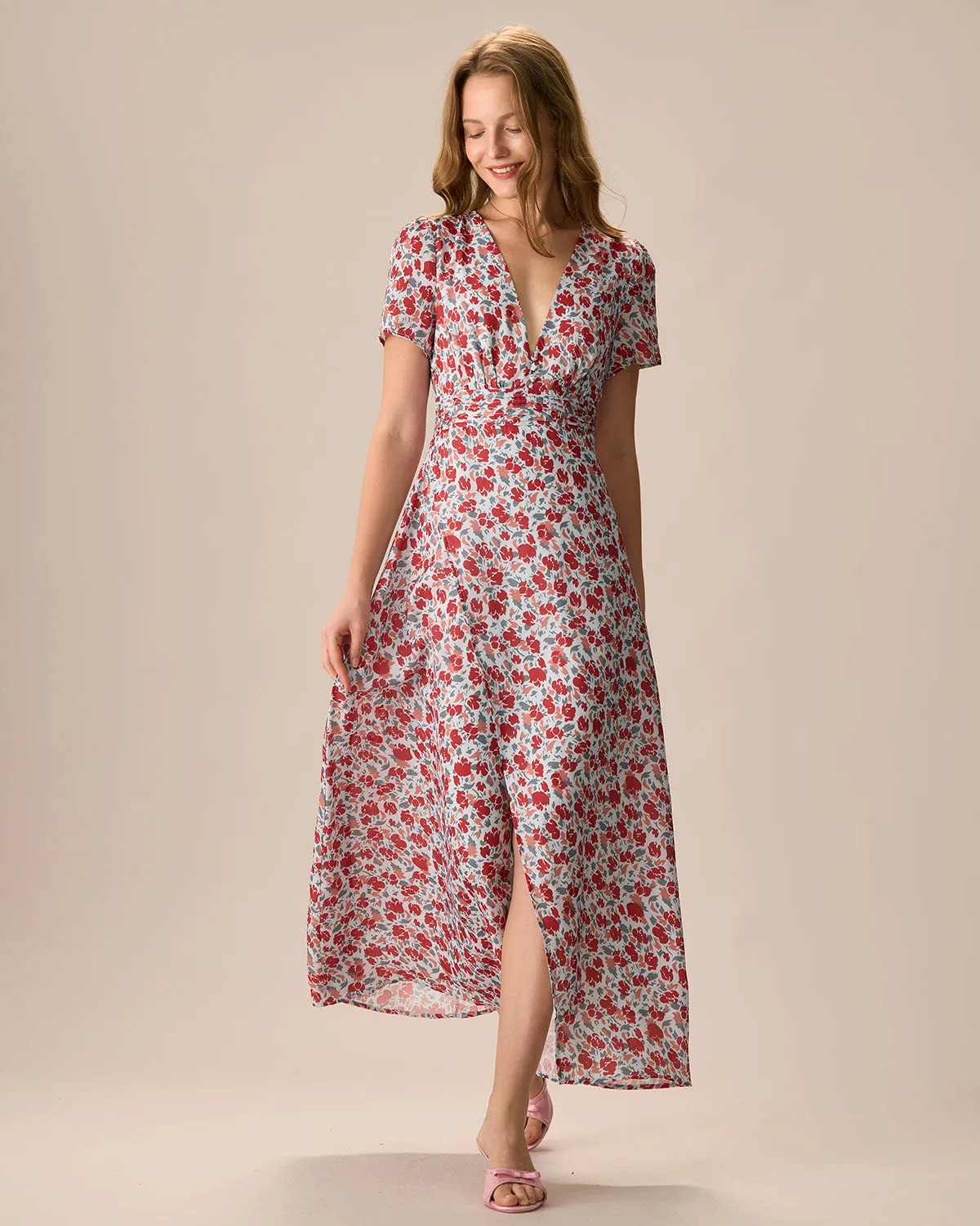 Women's Red V-Neck Ruched Floral Maxi Dress sold by rihoas
