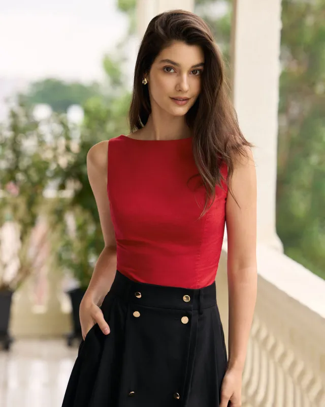The Red Boat Neck Linen Tank Top sold by rihoas