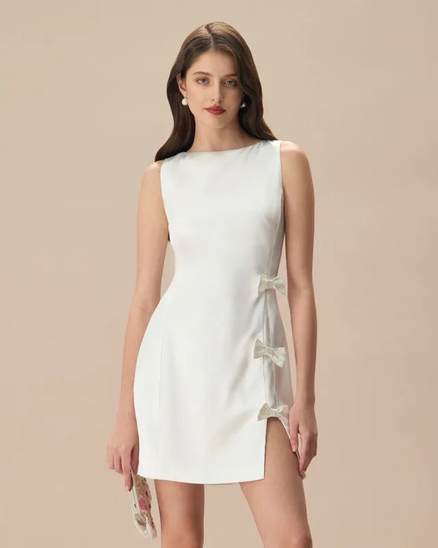 The White Boat Neck Bowknot Satin Mini Dress sold by rihoas