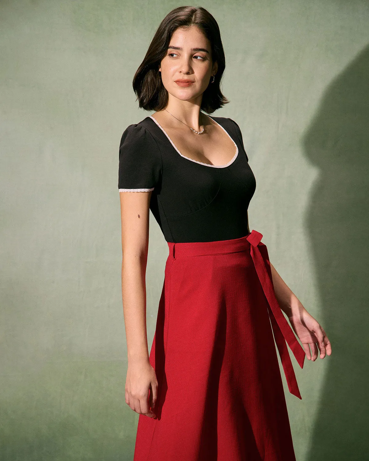 The Red High-Waisted Tie Strap Midi Skirt sold by rihoas product image thumbnail 5
