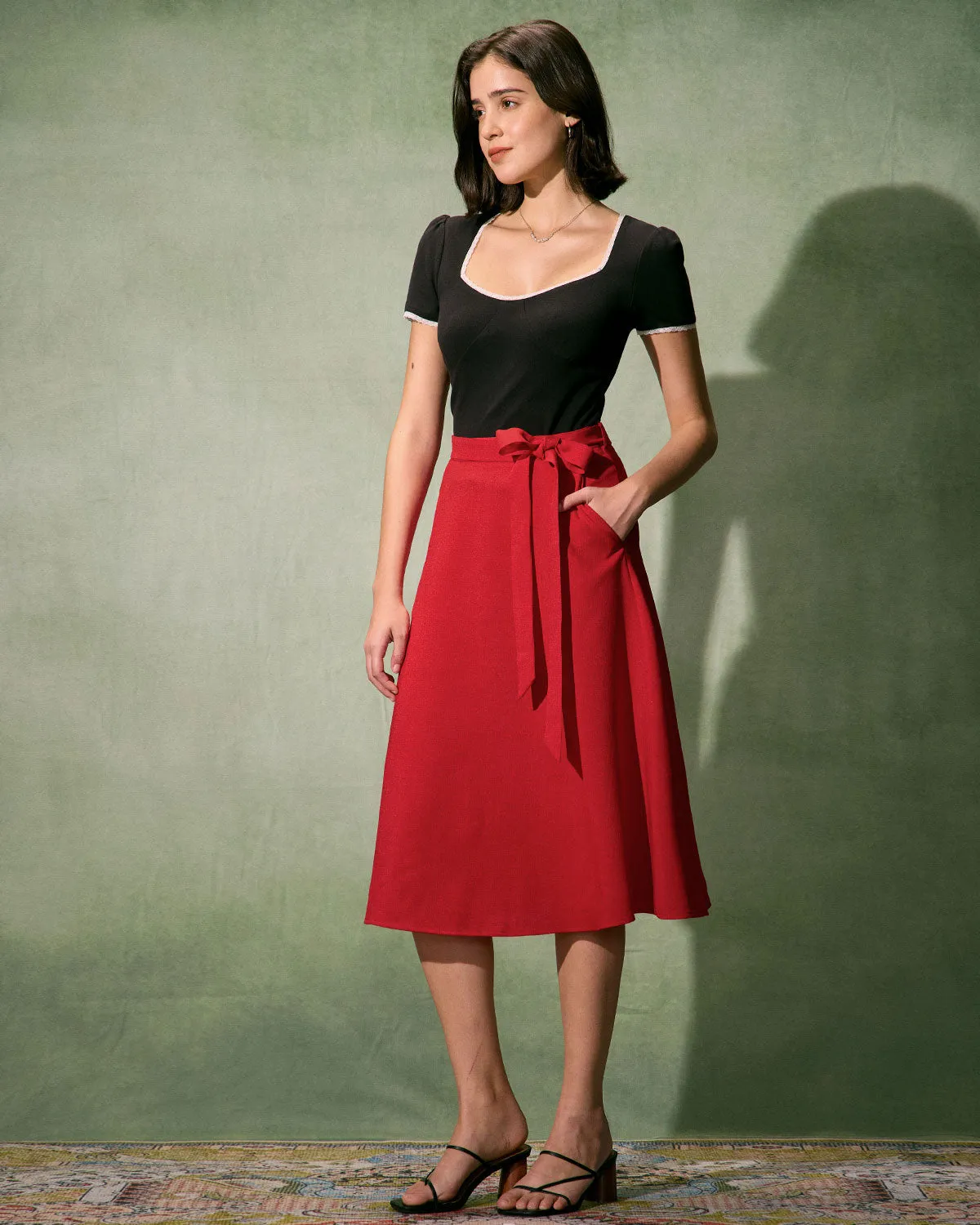 The Red High-Waisted Tie Strap Midi Skirt sold by rihoas product image thumbnail 3