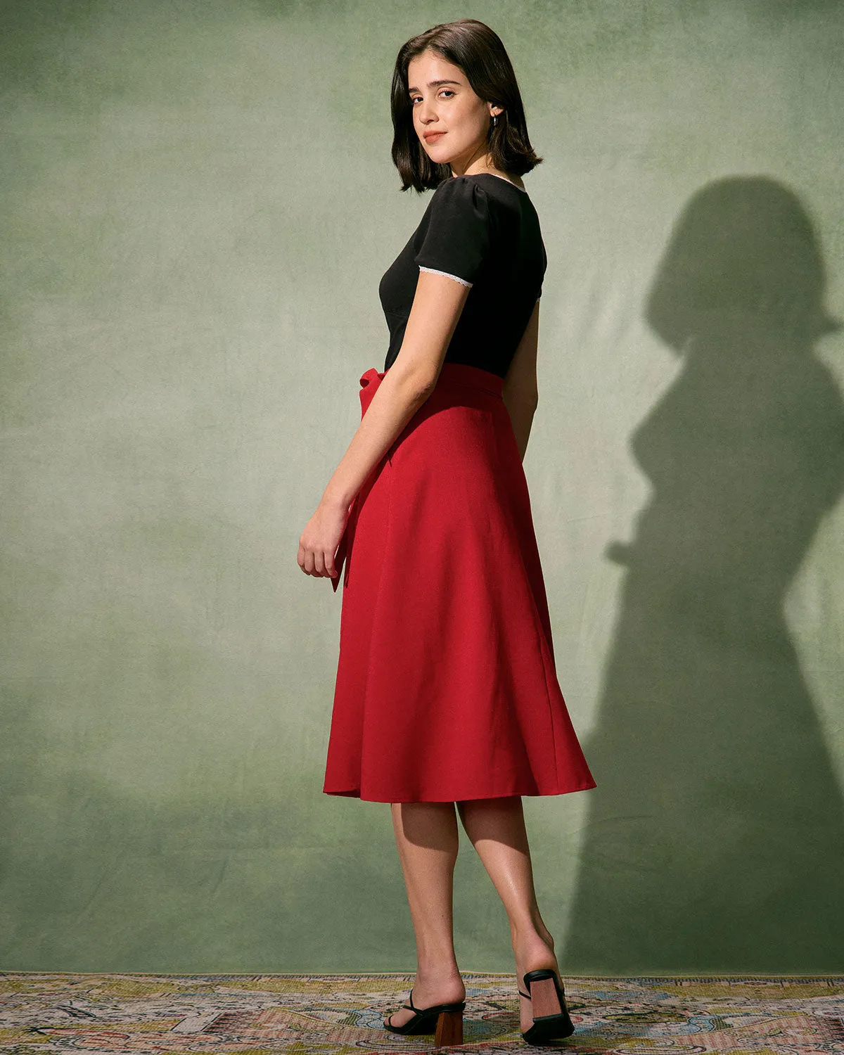 The Red High-Waisted Tie Strap Midi Skirt sold by rihoas product image thumbnail 4