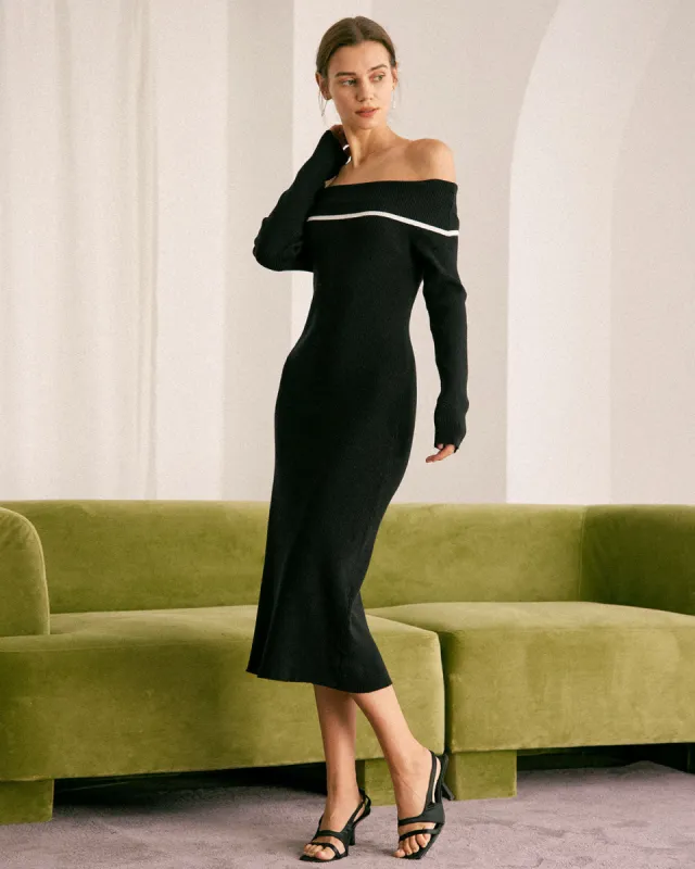 The Black Off The Shoulder Contrast Midi Dress sold by rihoas