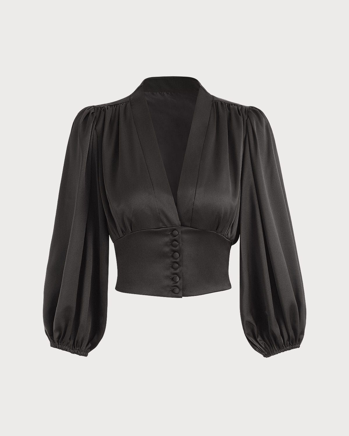 The Black Balloon Sleeves Satin Crop Blouse sold by rihoas