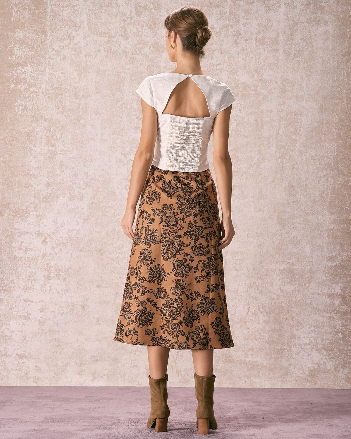 The Beige Square Neck Cutout Jacquard Blouse sold by rihoas product image thumbnail 5