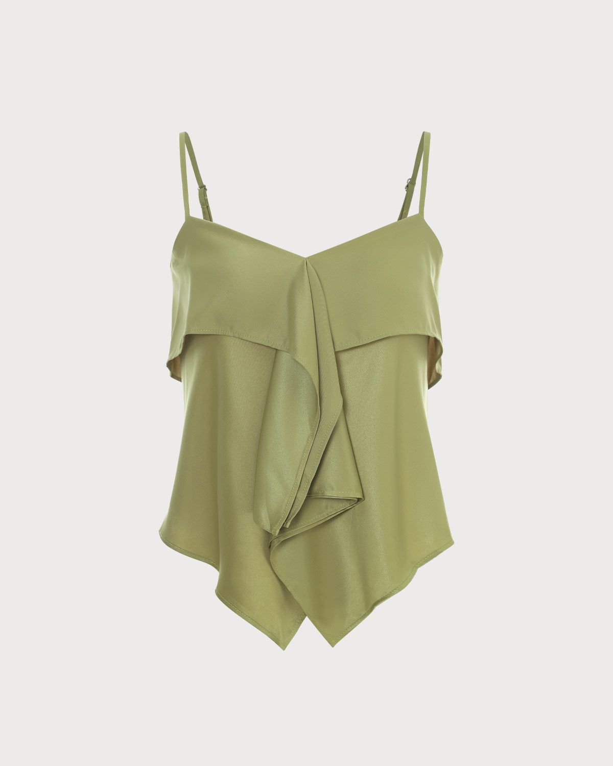 The Solid V Neck Ruffle Sleeveless Satin Cami Top sold by rihoas