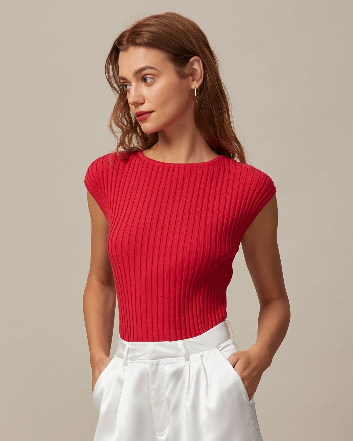 The Red Boat Neck Ribbed Cap Sleeve Knit Tee sold by rihoas