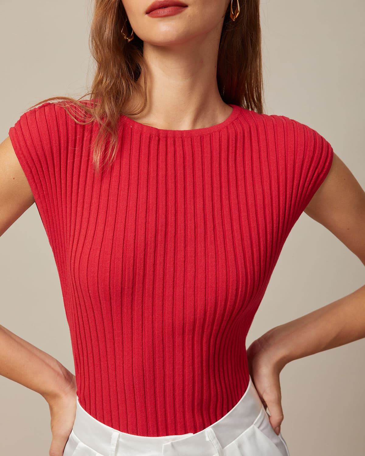 The Red Boat Neck Ribbed Cap Sleeve Knit Tee sold by rihoas product image thumbnail 3