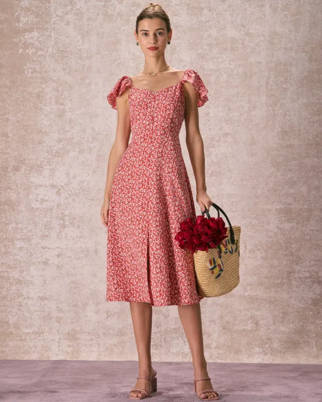The Red V-Neck Front Slit Floral Midi Dress sold by rihoas