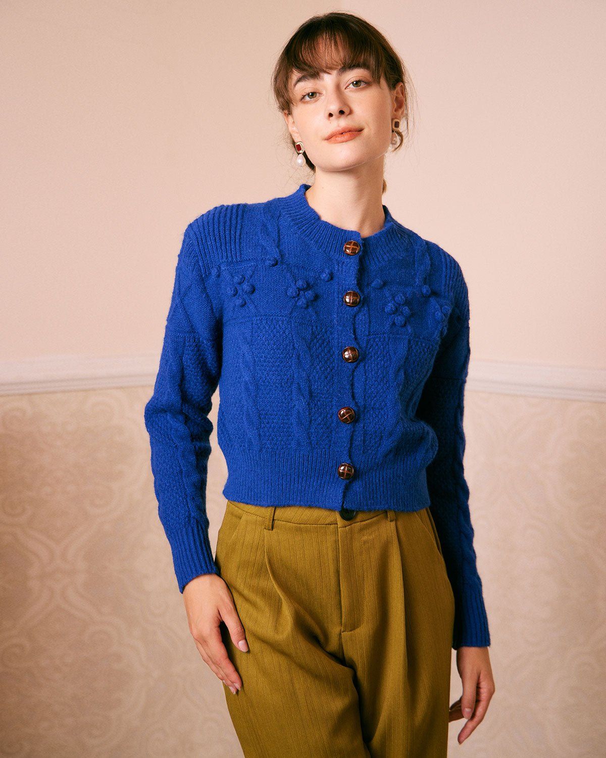 The Blue Round Neck Cable Ribbed Cardigan sold by rihoas