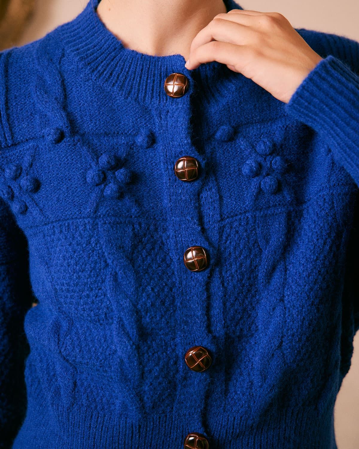 The Blue Round Neck Cable Ribbed Cardigan sold by rihoas product image thumbnail 2