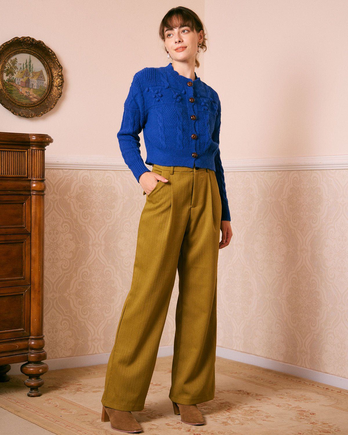 The Blue Round Neck Cable Ribbed Cardigan sold by rihoas product image thumbnail 3