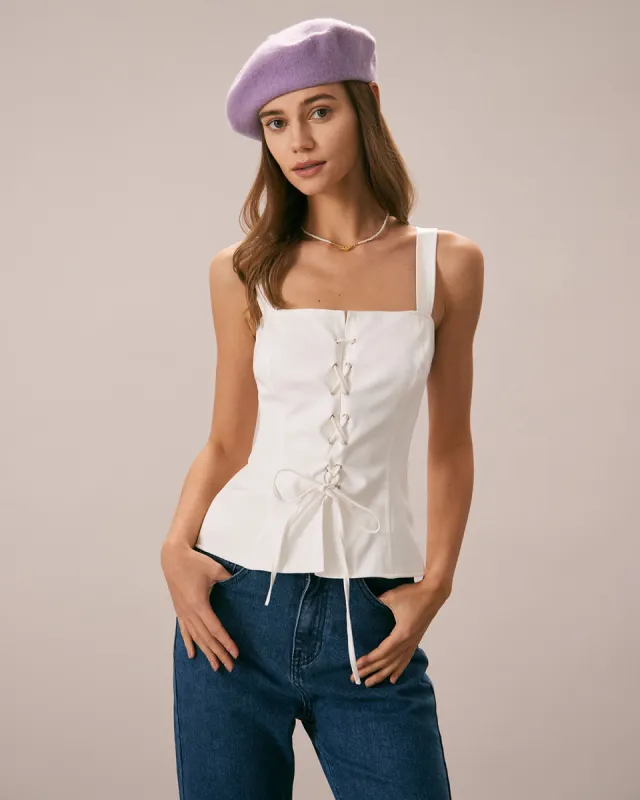 The White Square Neck Lace Up Tank Top sold by rihoas
