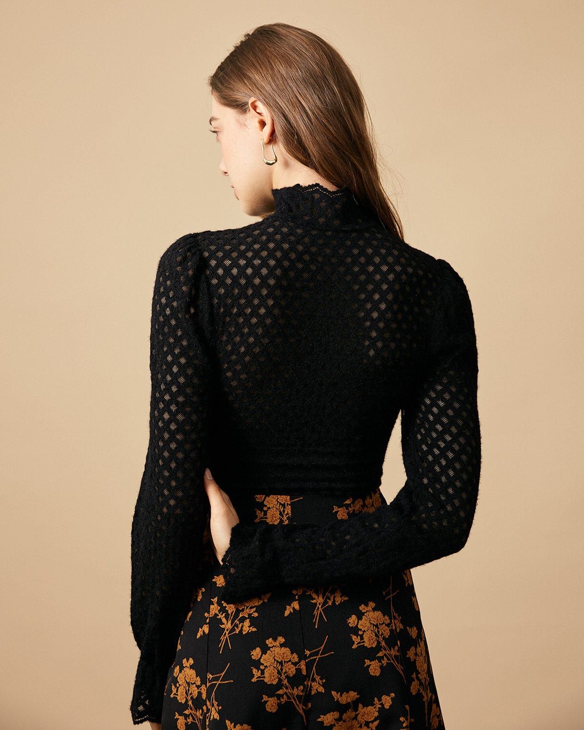The Black Solid Mock Neck See-through Knit Top sold by rihoas product image thumbnail 5