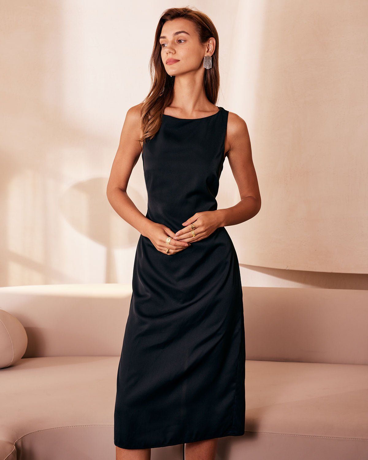 The Black Boat Neck Cutout Satin Midi Dress sold by rihoas product image thumbnail 2