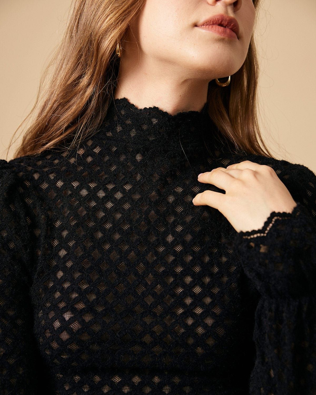 The Black Solid Mock Neck See-through Knit Top sold by rihoas product image thumbnail 2