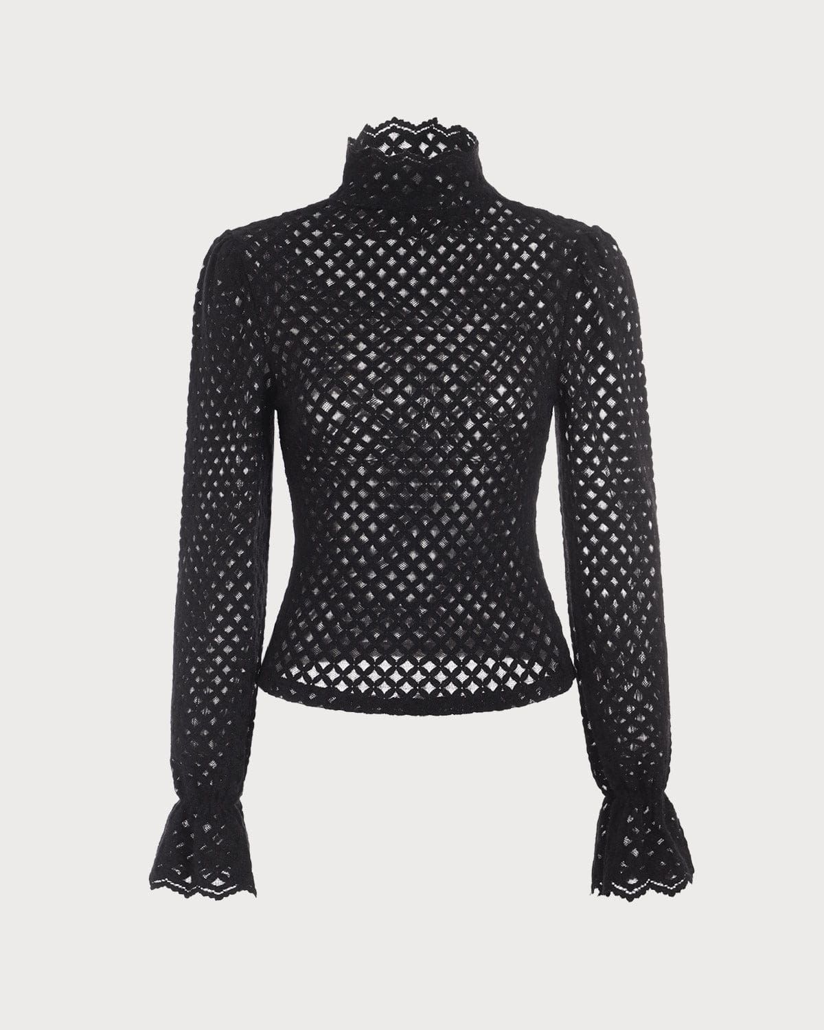 The Black Solid Mock Neck See-through Knit Top sold by rihoas product image thumbnail 8
