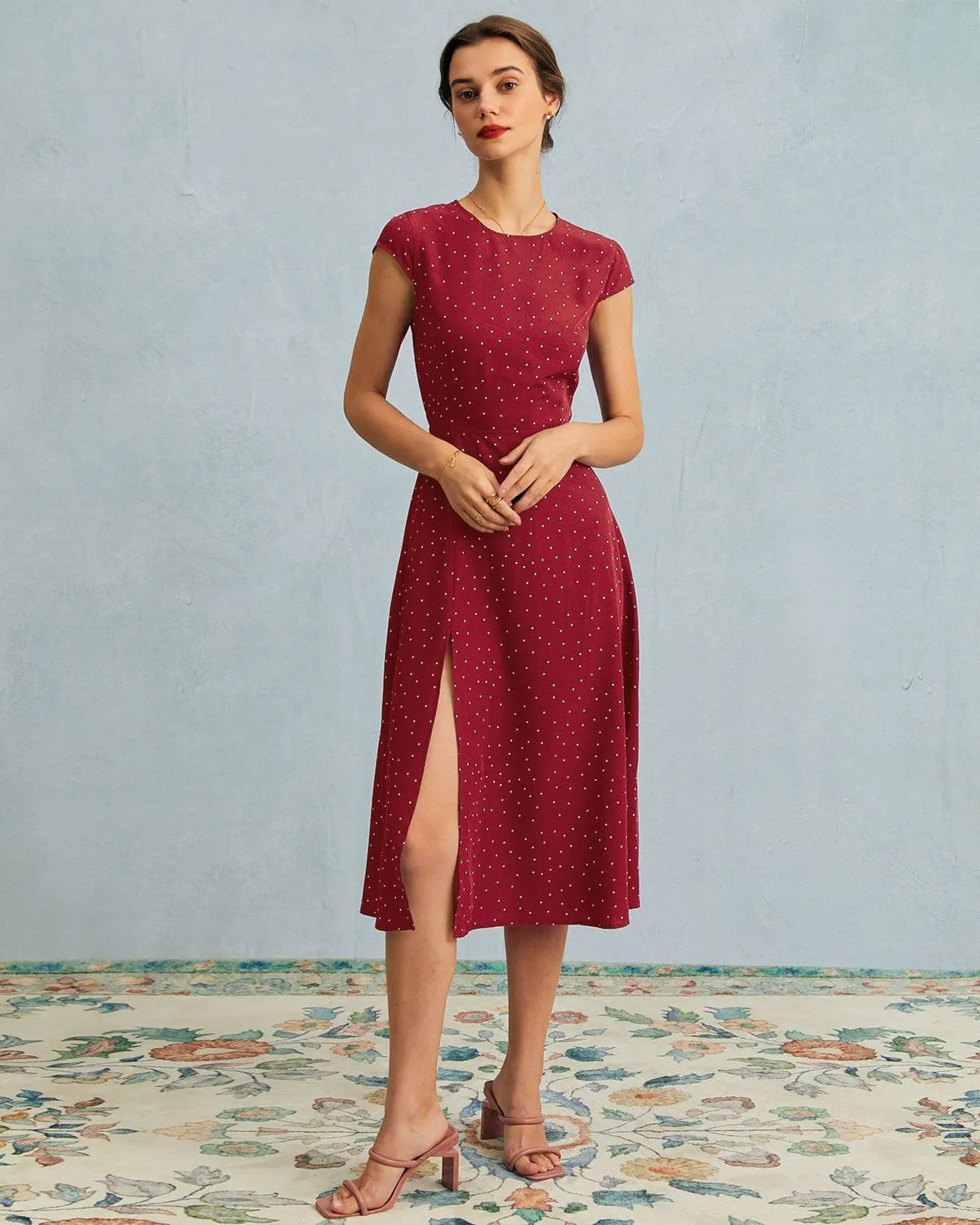 The Red Round Neck Polka Dot Cutout Midi Dress sold by rihoas