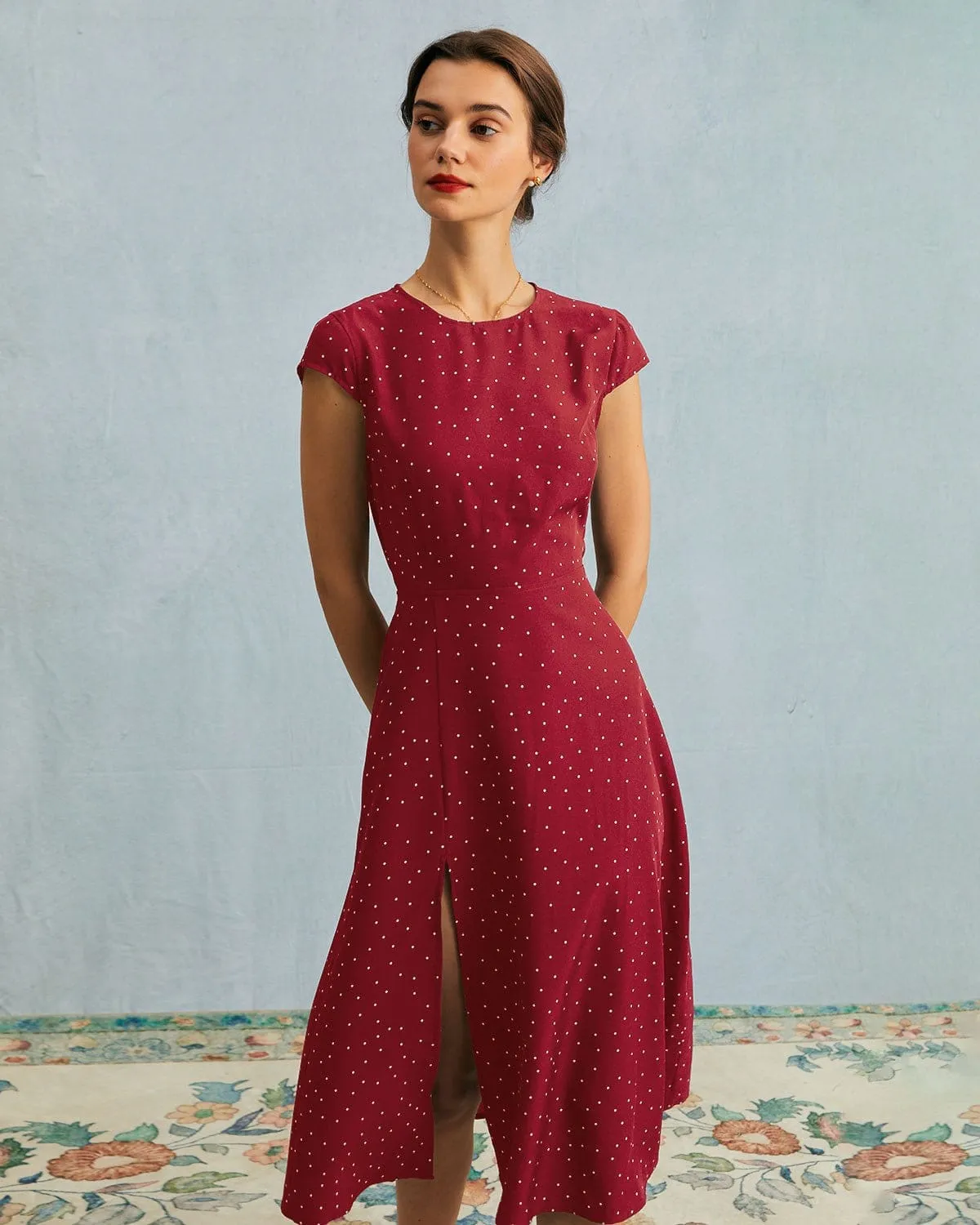 The Red Round Neck Polka Dot Cutout Midi Dress sold by rihoas product image thumbnail 2