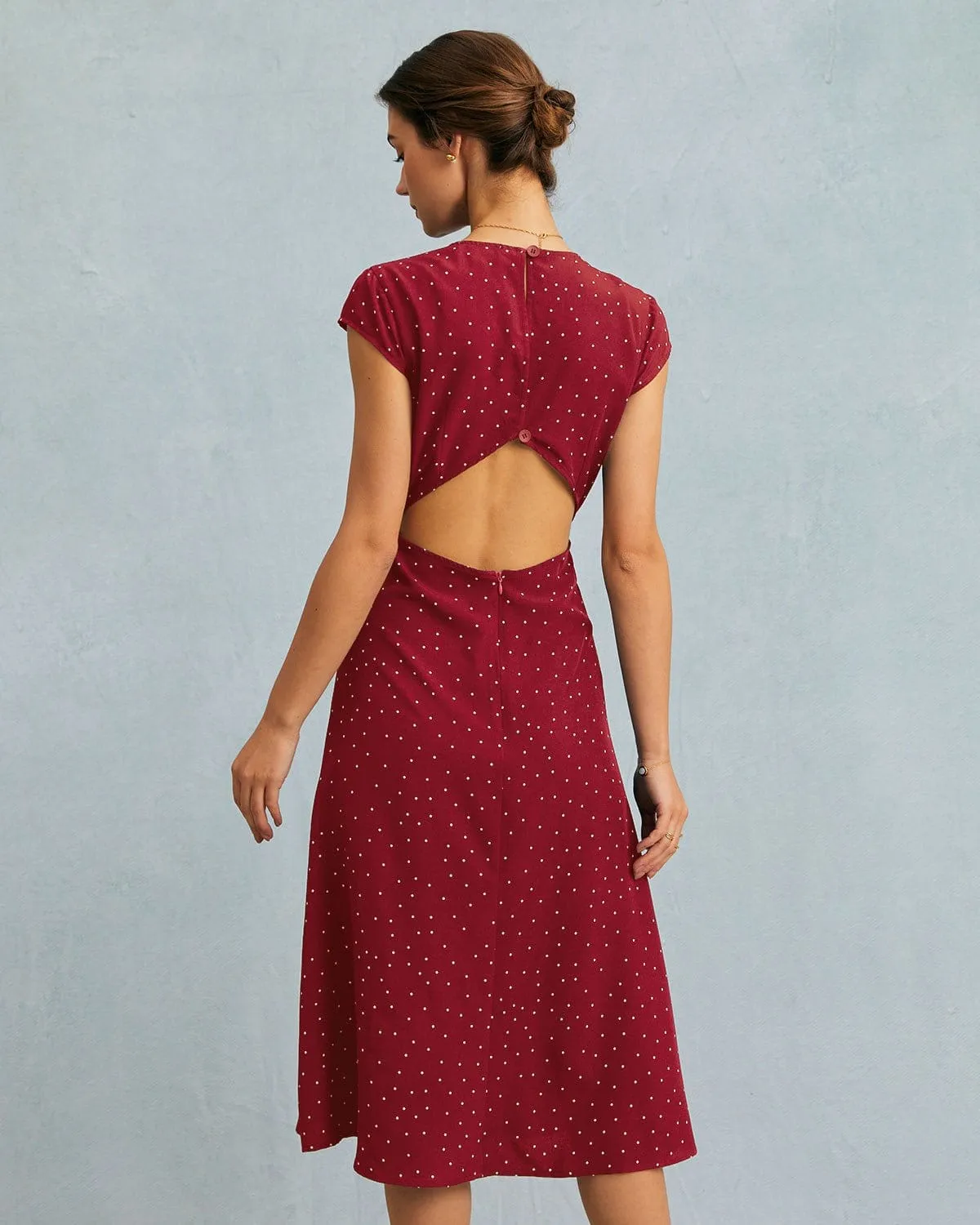 The Red Round Neck Polka Dot Cutout Midi Dress sold by rihoas product image thumbnail 3