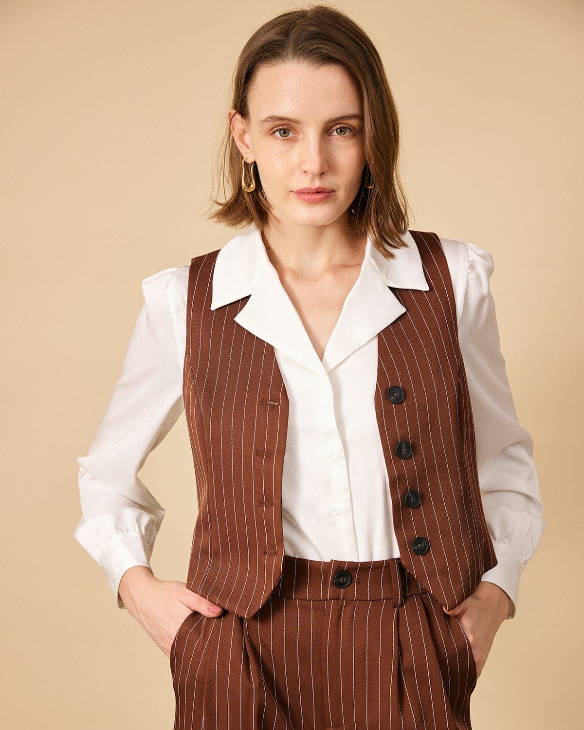 The Brown V Neck Striped Single-breasted Vest sold by rihoas product image thumbnail 3