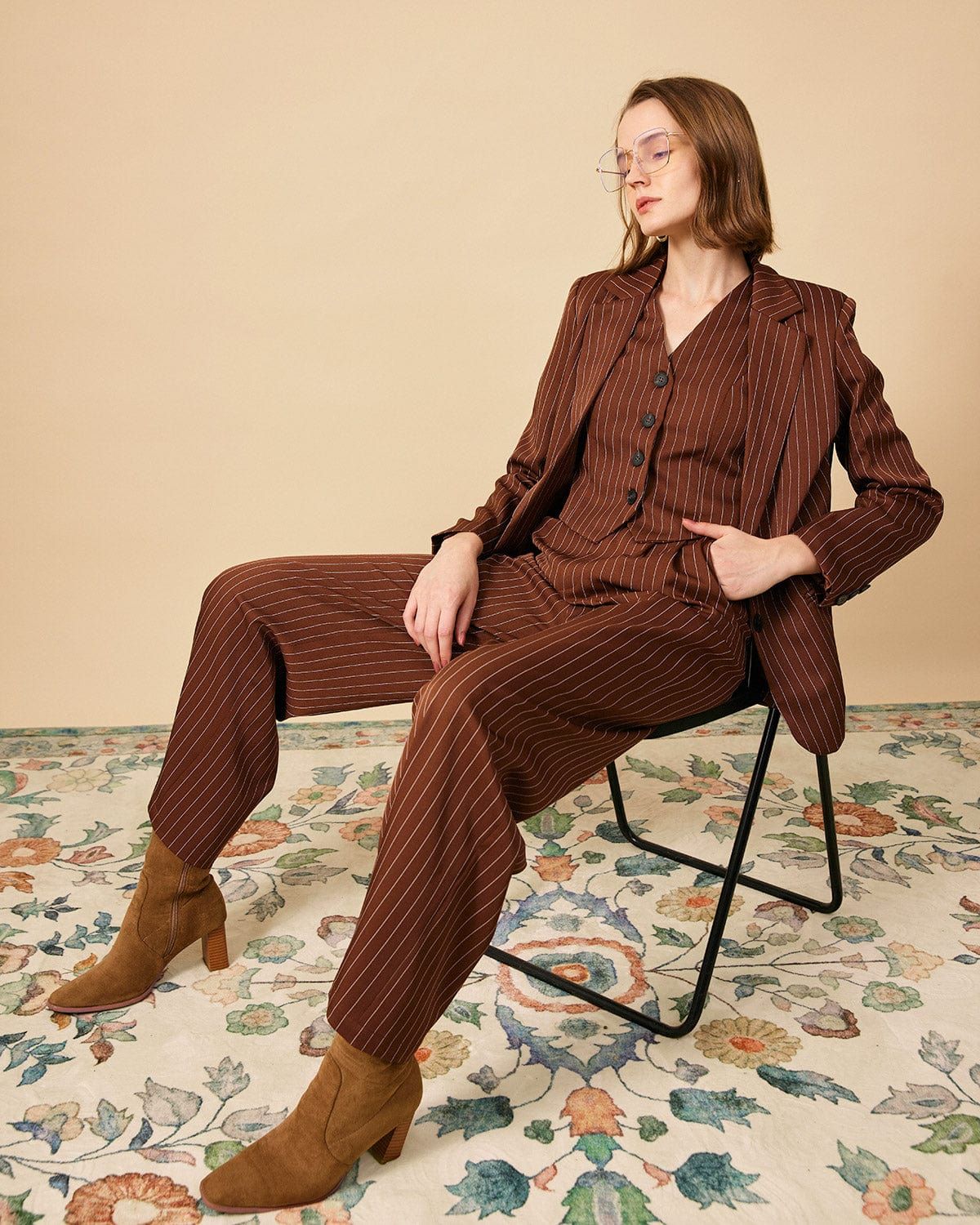 The Brown V Neck Striped Single-breasted Vest sold by rihoas product image thumbnail 5