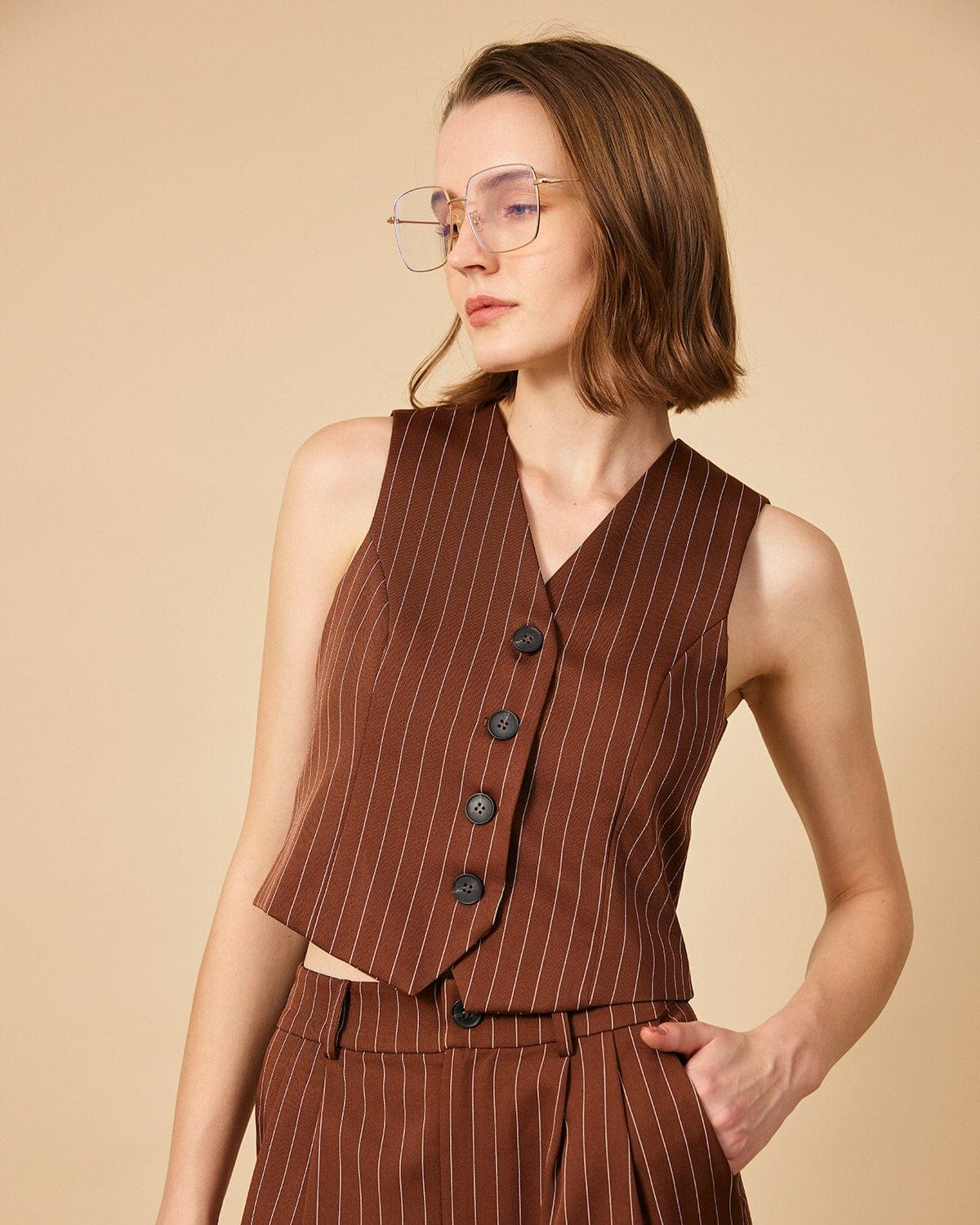 The Brown V Neck Striped Single-breasted Vest sold by rihoas