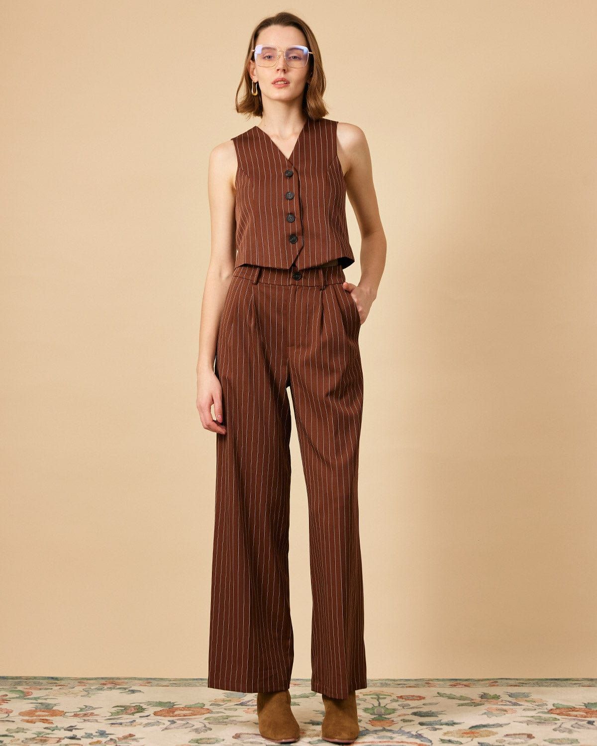 The Brown V Neck Striped Single-breasted Vest sold by rihoas product image thumbnail 4