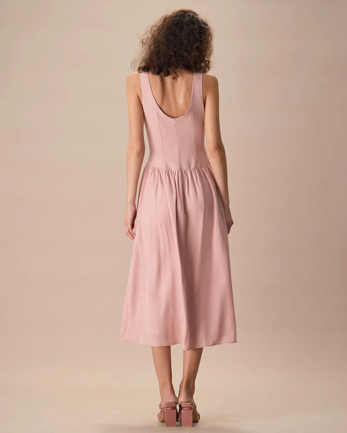 Women's Pink Boat Neck Sleeveless Lyocell Midi Dress sold by rihoas product image thumbnail 4