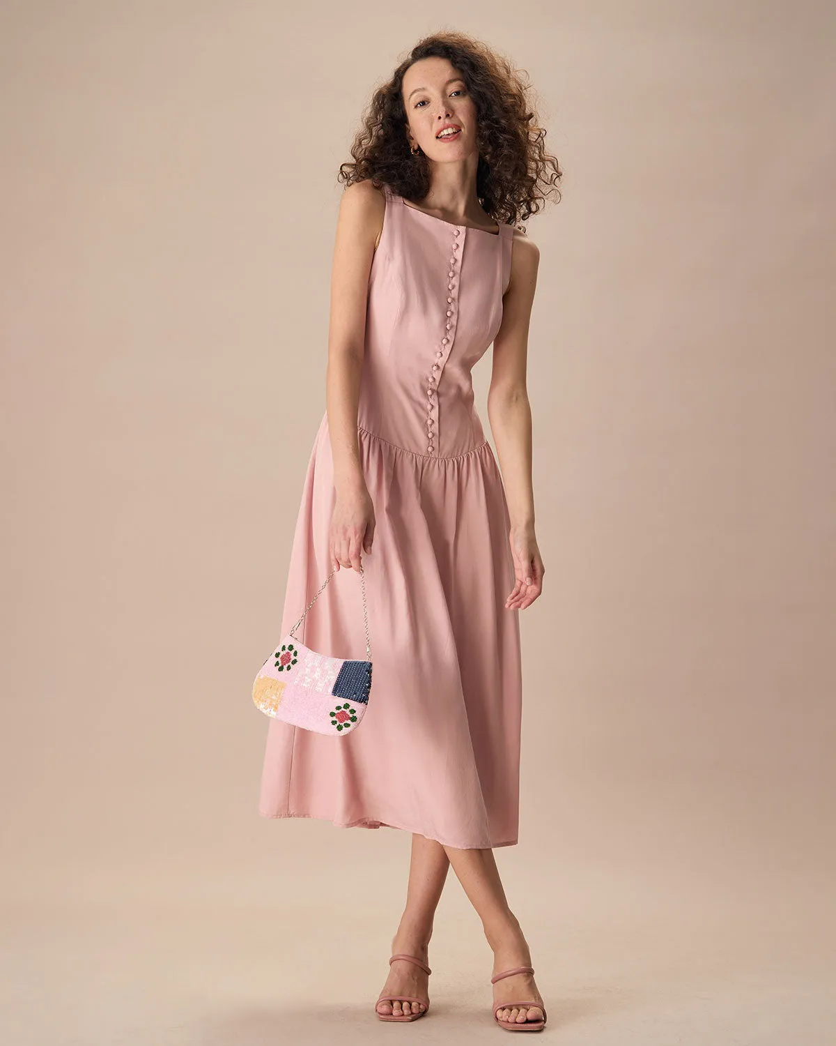 Women's Pink Boat Neck Sleeveless Lyocell Midi Dress sold by rihoas product image thumbnail 3