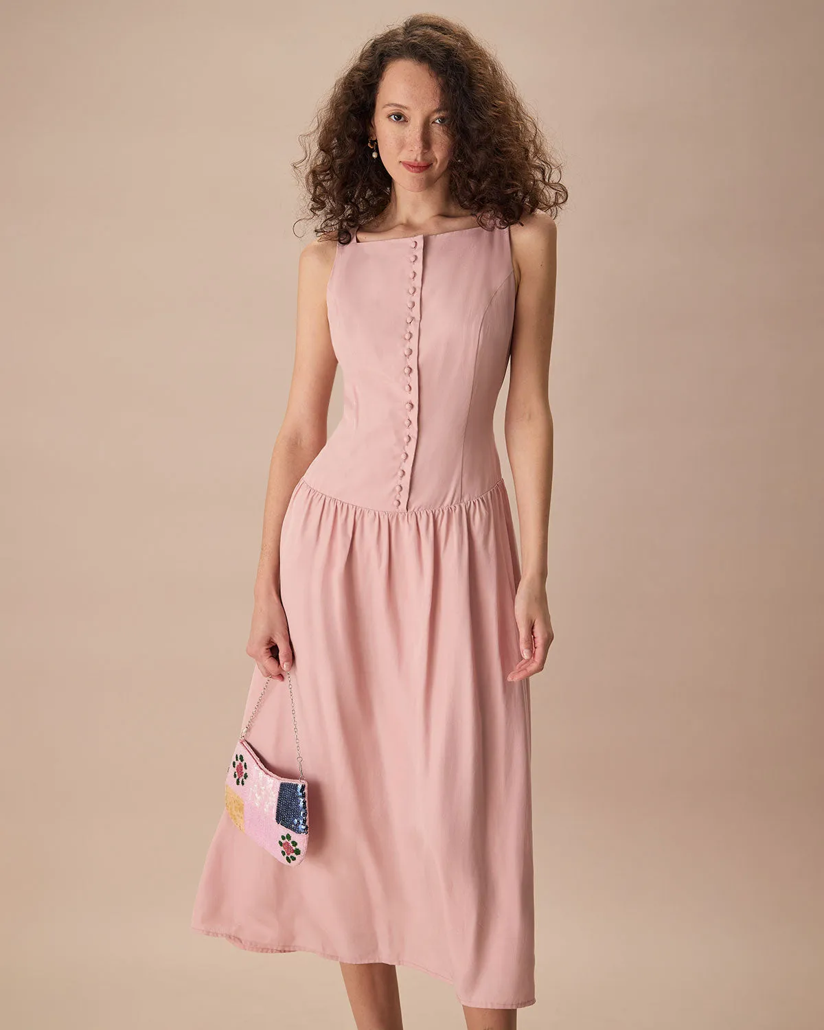 Women's Pink Boat Neck Sleeveless Lyocell Midi Dress sold by rihoas