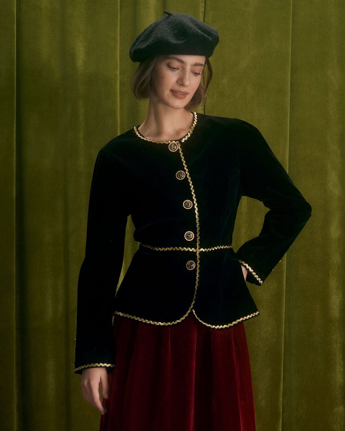 The Black Contrast Trim Button Velvet Jacket sold by rihoas