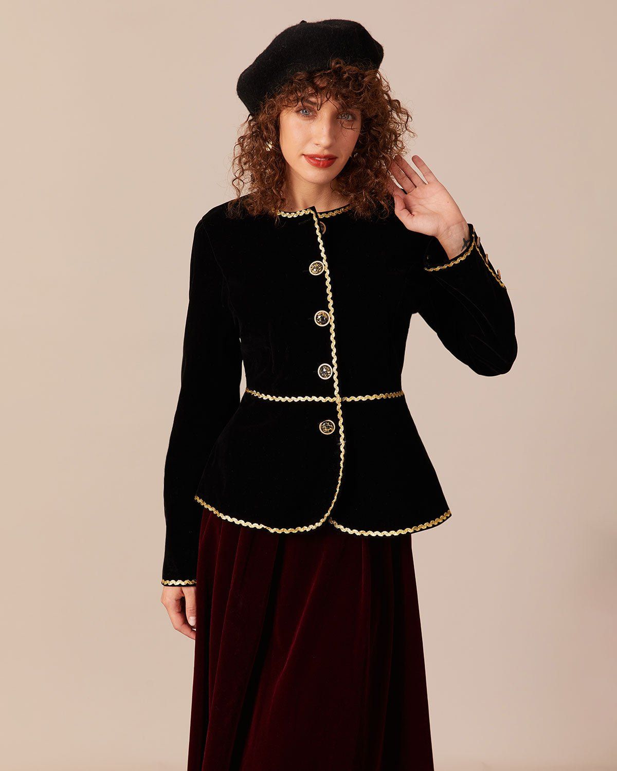 The Black Contrast Trim Button Velvet Jacket sold by rihoas product image thumbnail 5