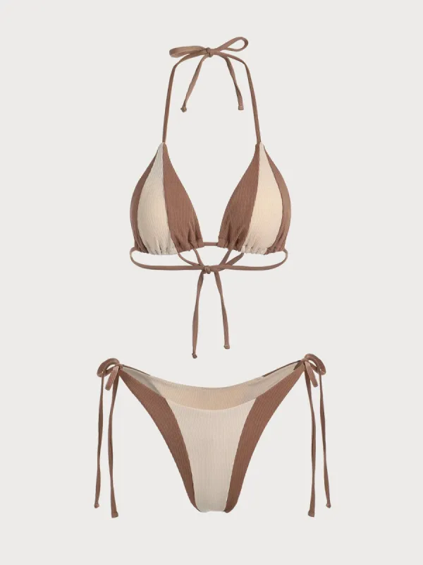 The Color Block Halter Triangle Bikini Set sold by rihoas