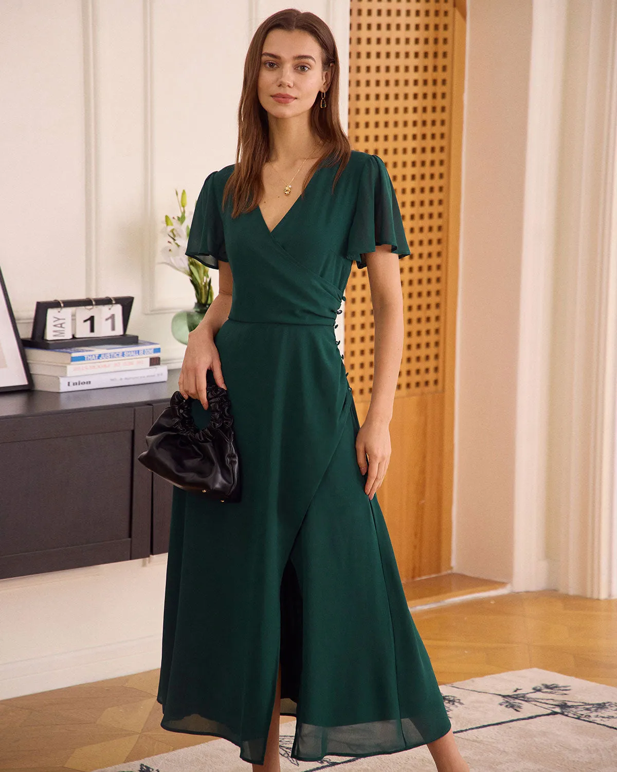 The Green V Neck Button Wrap Maxi Dress sold by rihoas