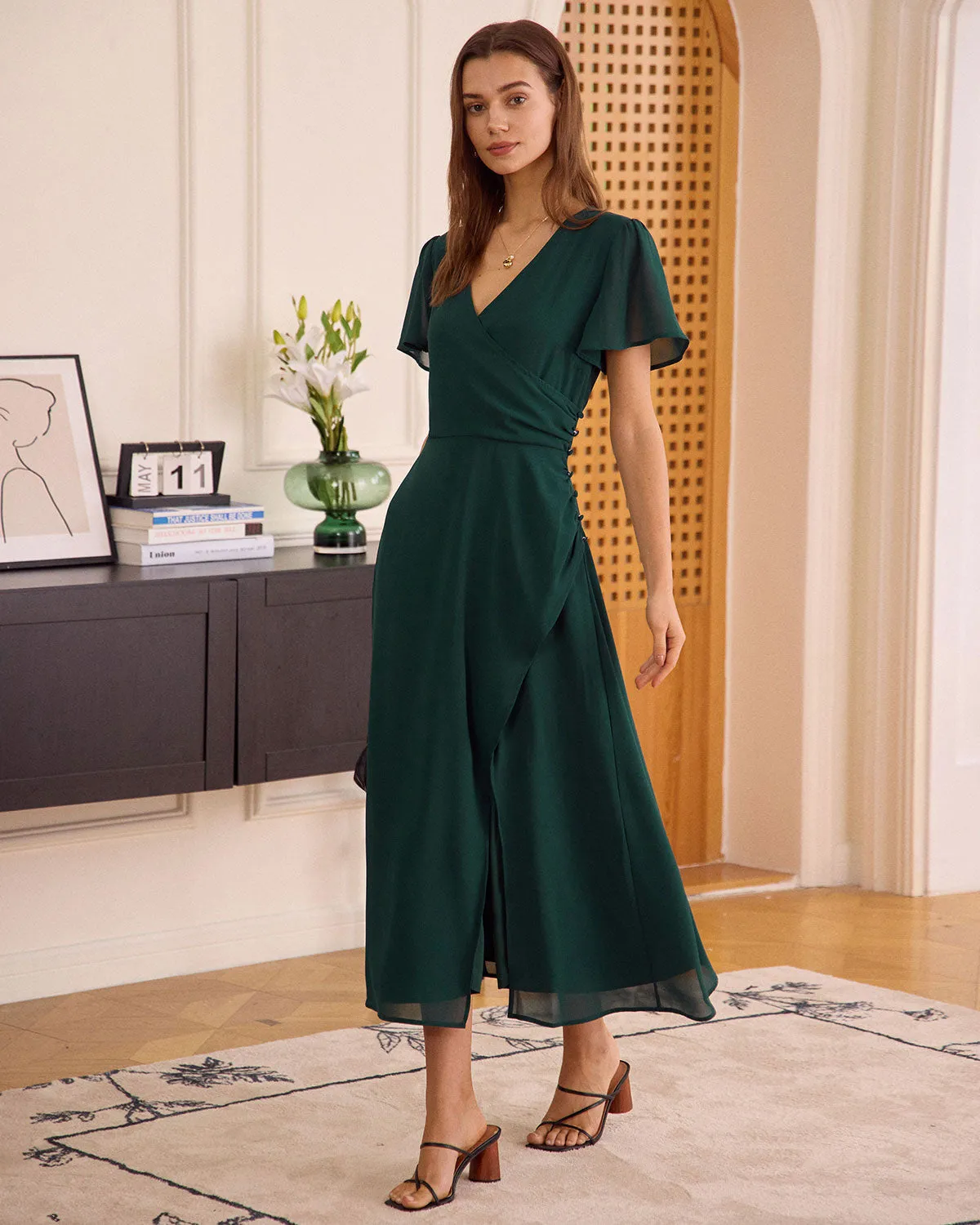 The Green V Neck Button Wrap Maxi Dress sold by rihoas product image thumbnail 4