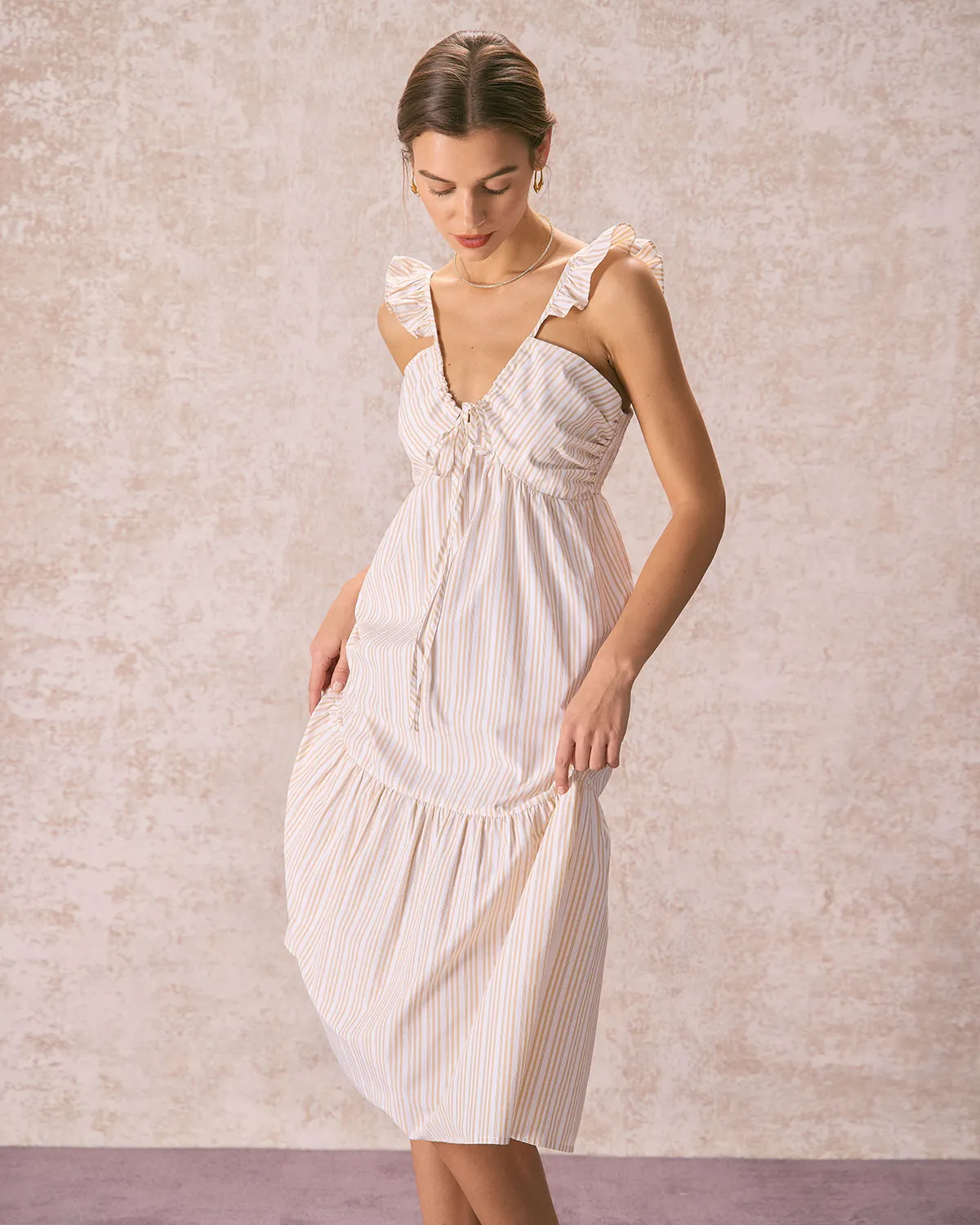 The Yellow V Neck Striped Ruffle Midi Dress sold by rihoas product image thumbnail 3