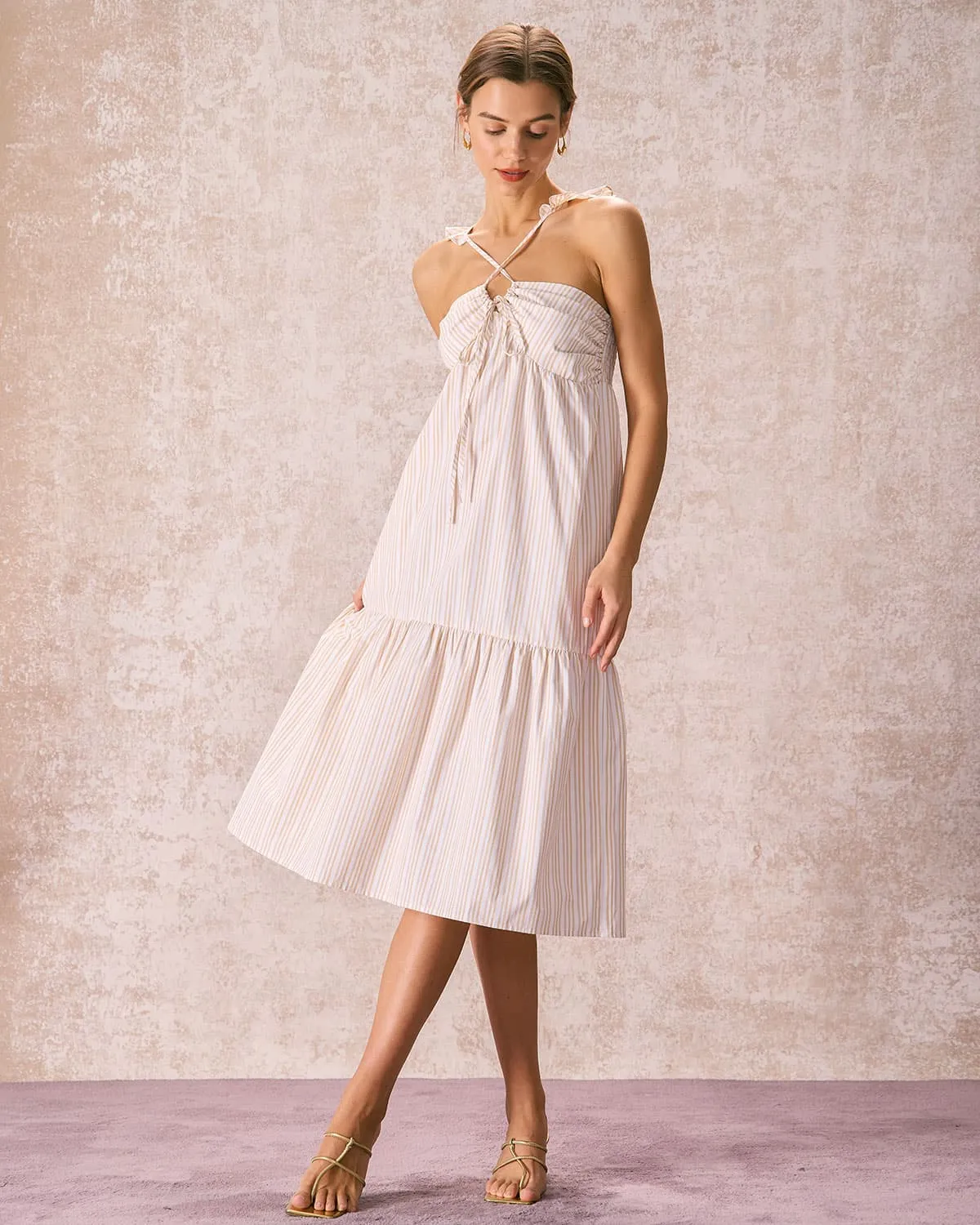 The Yellow V Neck Striped Ruffle Midi Dress sold by rihoas product image thumbnail 4