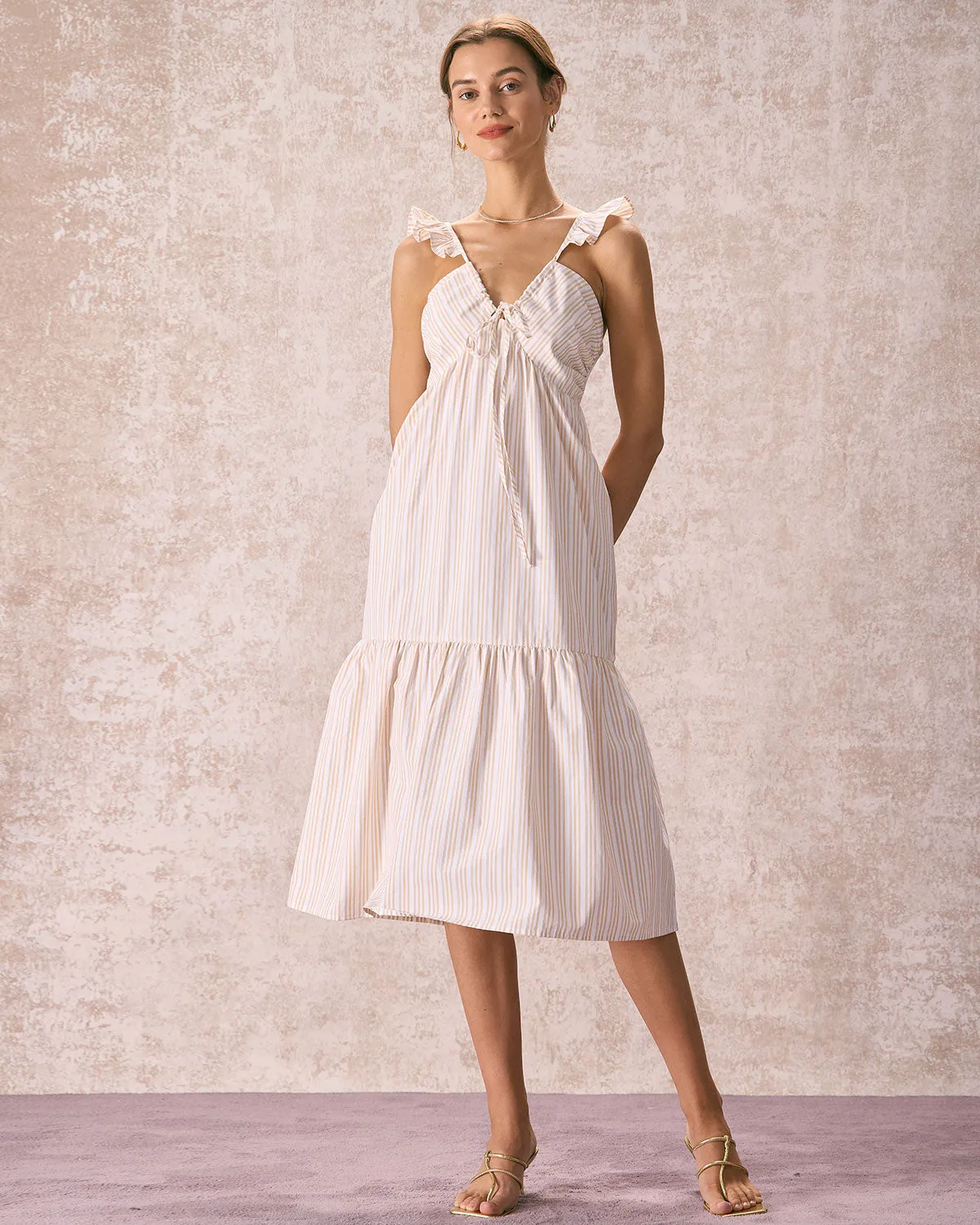 The Yellow V Neck Striped Ruffle Midi Dress sold by rihoas product image thumbnail 5