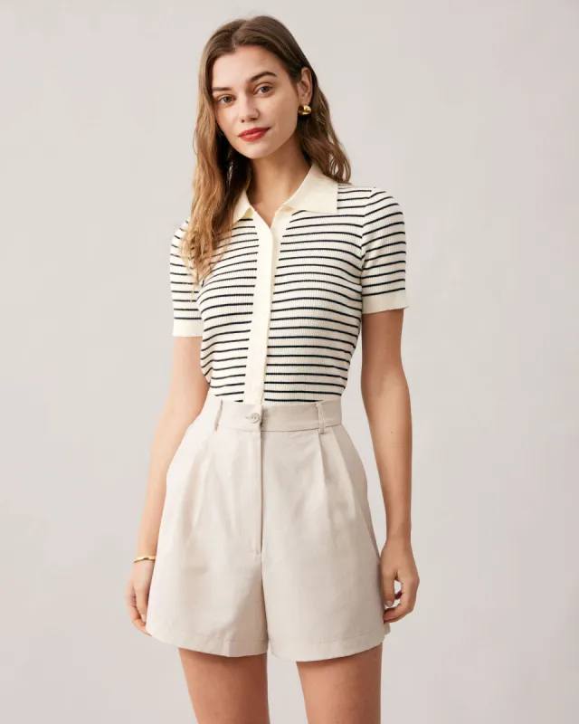 The Lapel Button Up Striped Knit Top sold by rihoas