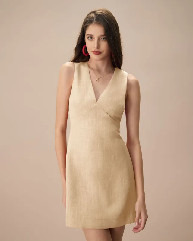 The Beige V Neck Sleeveless Linen Mini Dress sold by rihoas