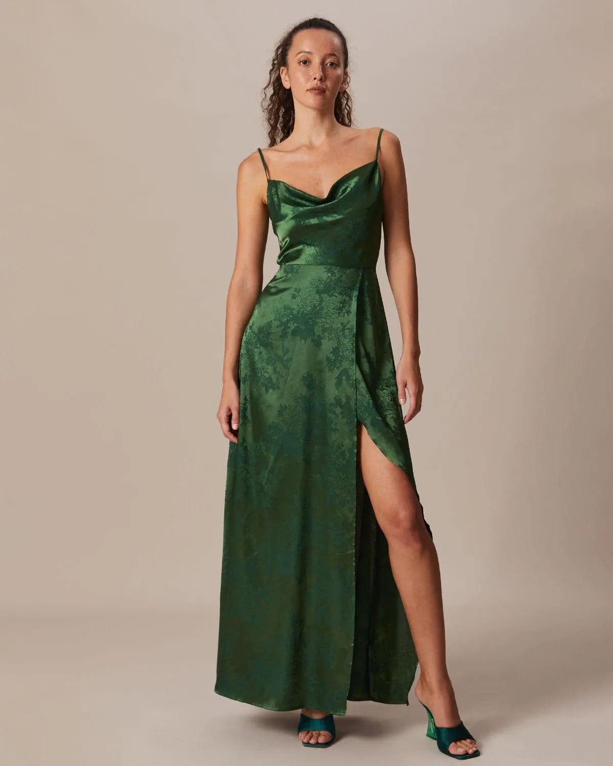 green emerald velvet dress Kona Strapless Pleated Bust Satin Maxi Dress Sage– Selfie Leslie main image 1