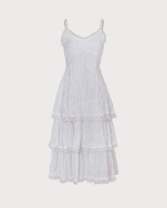 The White A Line Lace Trim Layered Midi Dress sold by rihoas
